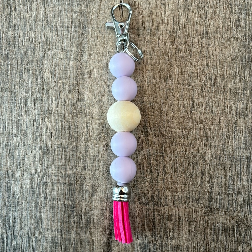 Handmade Silicone Beaded Keychain with Tassel & Lobster Claw Luggage Tag purple